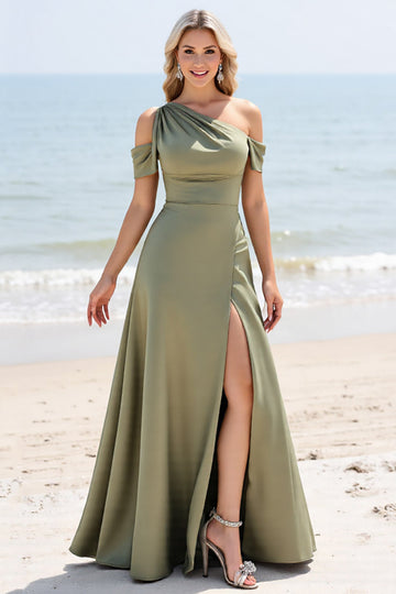 Olive Satin A Line Cold Shoulder Long Boho Bridesmaid Dress with Slit